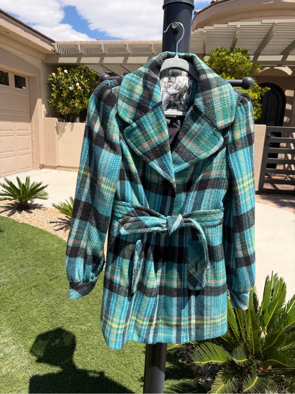 mac & jac Teal and Black Plaid Coat with Yellow Accents